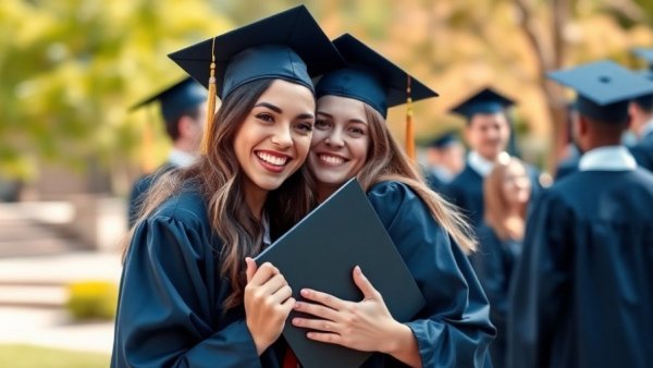 Joyful graduate embracing with diploma at outdoor ceremony.