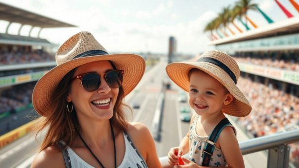 Family enjoying Miami Grand Prix experience in sunny stands.