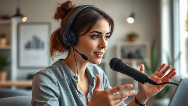 Woman discusses toddler behavior tips via microphone in home office.