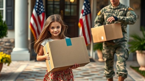 Young girl helping in PCS process, carrying box near military family.