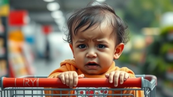 Distressed toddler holding shopping cart, toddler behavior tips.