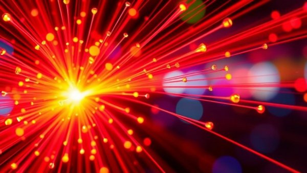Vibrant display of symmetrical 10 Gbps fiber internet cables glowing.