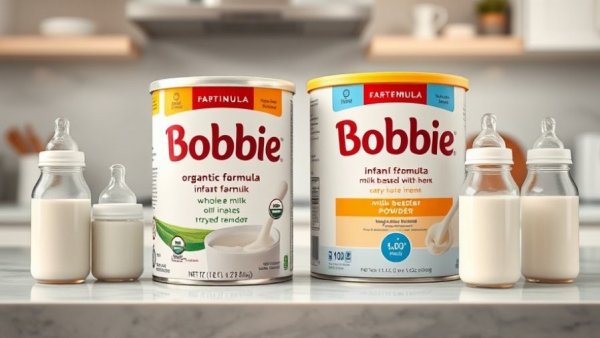 Infant formula cans and bottles on kitchen counter, whole milk vs skim milk discussion