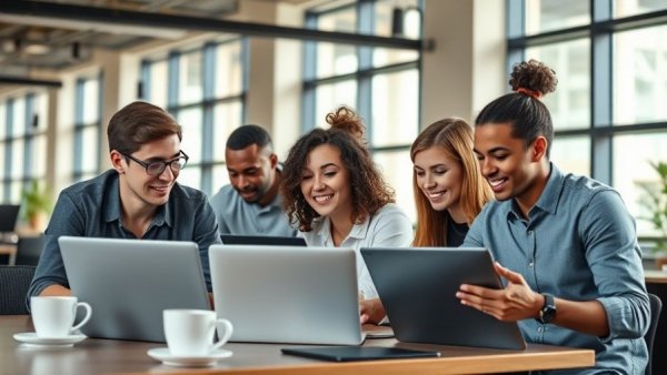 Gen Z in a modern office setting, working on laptops, showcasing Gen Z retention strategies.