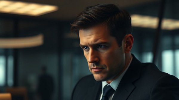 Contemplative man in suit reflecting on workplace misconduct, serious expression.