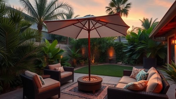 Stylish backyard ideas for remote work with cushioned seating and tropical plants.