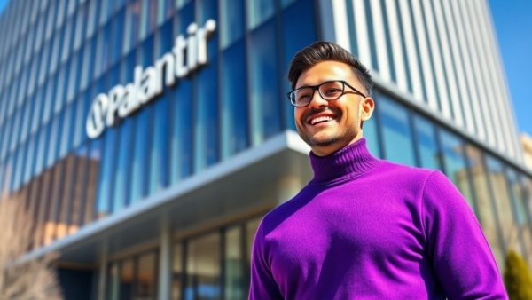 Man in purple sweater standing by Palantir office, confident.