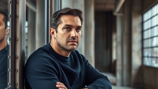 Thoughtful man in blue sweater by a window reflecting AI breakthroughs.