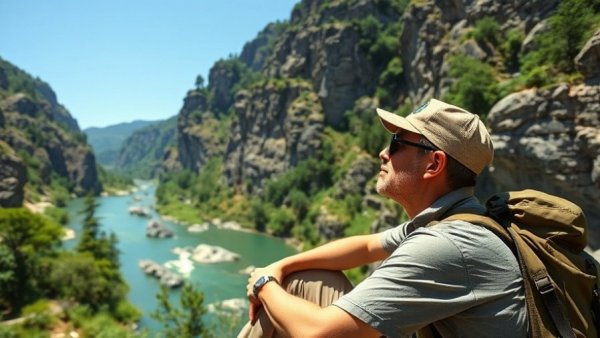 Explorer observing river view from cliff at Texas state park.