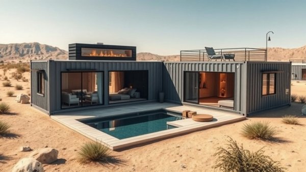 Modern container tiny house with pool and rooftop deck.