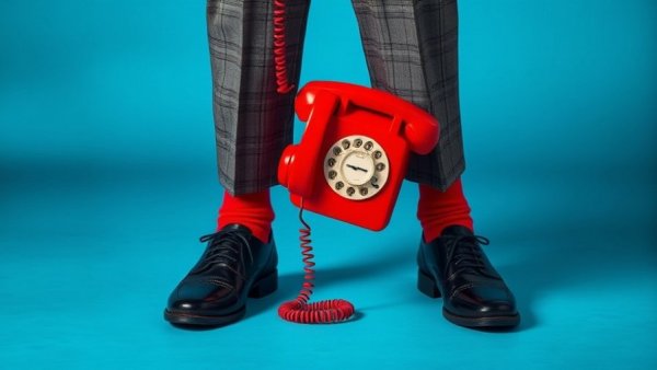Stylized image of a red rotary phone wrapped around suited man's legs on blue background, symbolizing client relationships.