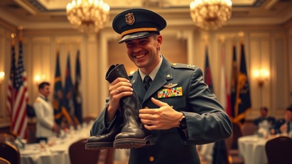 Air Force Dining-In Tradition with officer humorously holding boots.