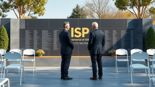 ISP Memorial Park Ceremony setup with chairs and memorial wall.