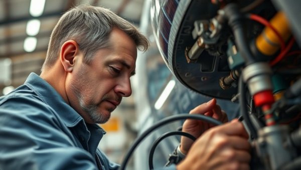 Aircraft maintenance technician working on wiring inside hangar.