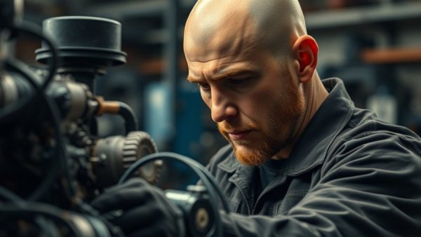 Mechanic focused on engine cables in a workshop, per diem payment scheme context.