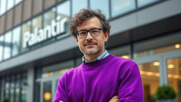 Confident man standing in front of Palantir building, symbolizing Q1 2026 earnings.