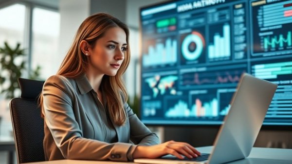Professional analyzing AI in pharma communication in an office setting.