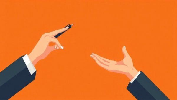Illustration of hands gesturing with a pen on orange background.