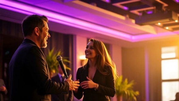 Two people engaging in a lively conversation on stage, highlighting employer branding.