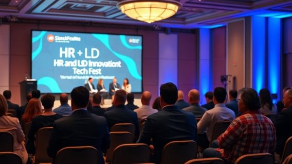 Conference setup for HR technology event with speakers and stage.