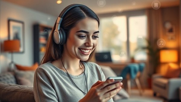 Young woman using a smartphone with floating digital icons, illustrating the future of work automation.