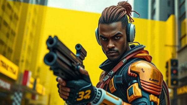 Cyberpunk character with weapon against yellow backdrop in urban scene.