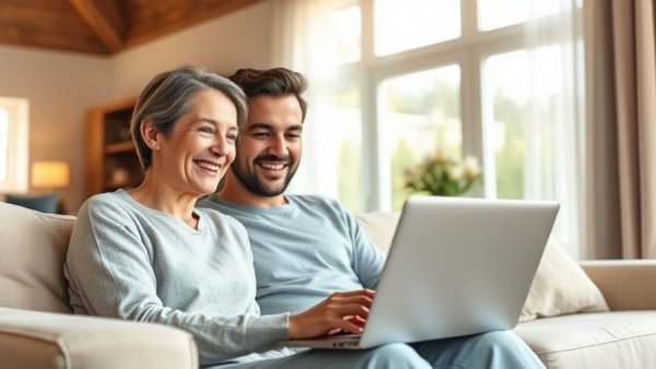 Happy couple enjoying T-Mobile 5G and Fiber Home Internet on a laptop.