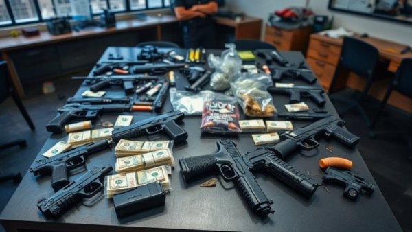 Police evidence: firearms, cash, and substances linked to fentanyl crisis in Indiana.