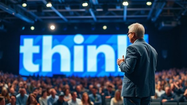 Speaker at tech event on AI-ready data foundation, vibrant stage.
