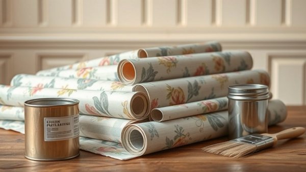 Rolled vintage patterned wallpapers on table for home office.