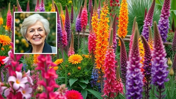 Common garden design mistakes illustrated with colorful plants and a woman's photo.