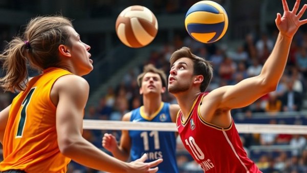 Omaha Supernovas players in an intense volleyball match, vibrant action.