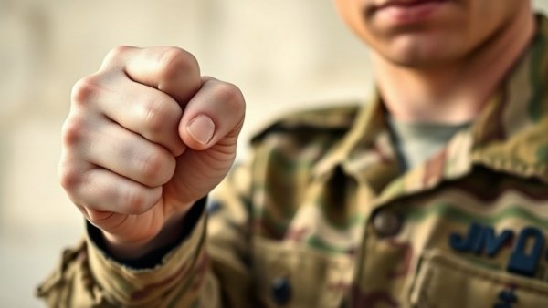 Soldier in uniform making a fist, symbolizing resilience in deployment.