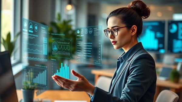 Professional woman examining data on futuristic screen in office, security clearance implications for contractors.