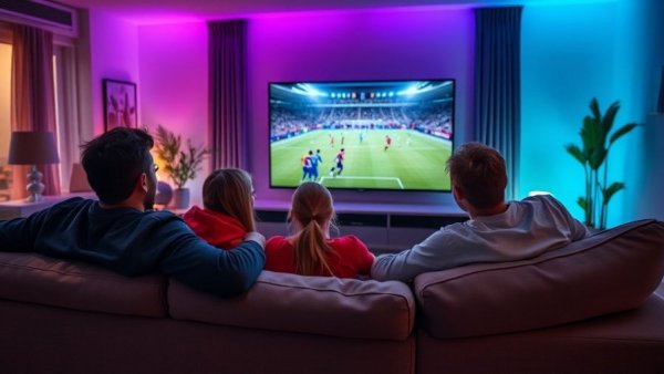 Friends watching soccer with Philips Hue lights for Philips Hue Sports Live.