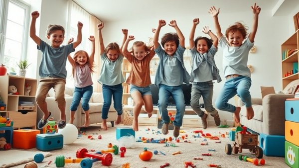 Children energetically playing in a toy-filled living room, being a present parent.