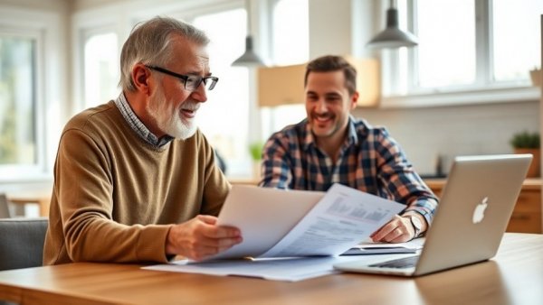 Elderly man and young adult discuss money skills Gen Z wishes for in a modern kitchen.