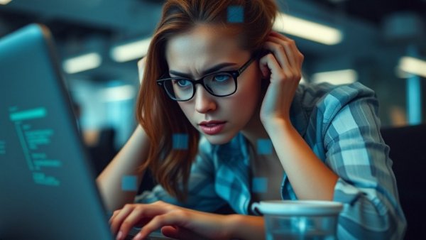 Stressed young woman at laptop with digital data streams, gender-based violence AI theme.