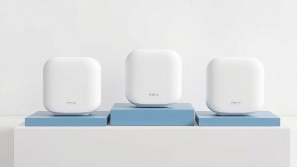 Eero 7 Wi-Fi routers displayed on blue geometric steps.