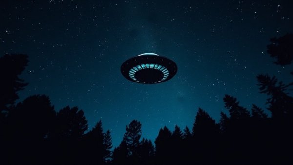UAP files and government classification scene with UFO in starry night sky.