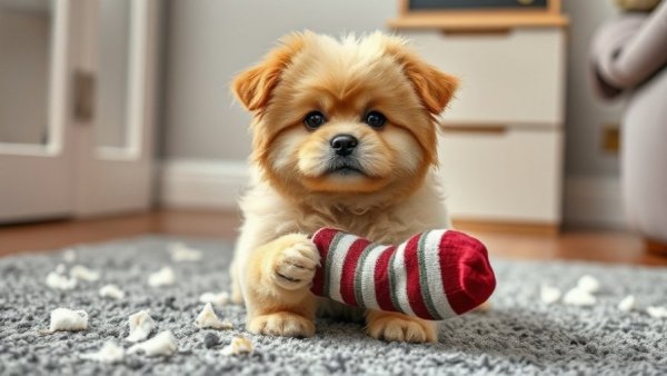 Fluffy dog with torn sock showing minor mistake expression.