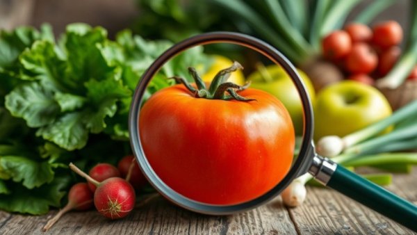 Fresh vegetables with magnifying glass highlighting pesticide risks.
