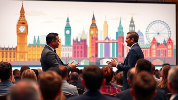 Conference discussion on change management strategies with iconic city backdrop.