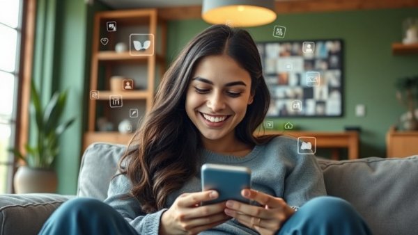 Young woman engaging with technology in cozy room; future of work automation.