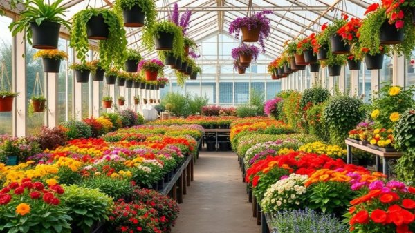 Greenhouse showing annual plants for colorful gardens in Omaha.