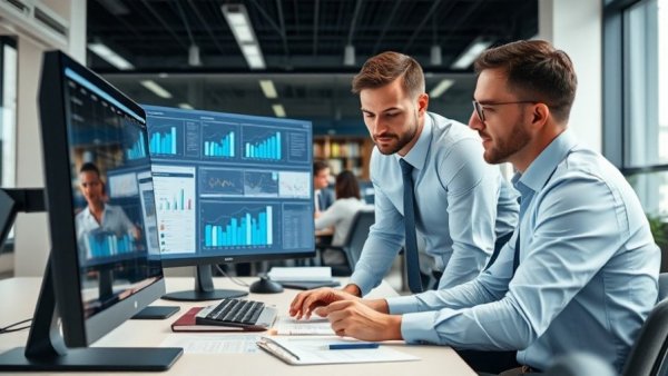 Business professionals discussing AI pay trends 2026 with digital charts.
