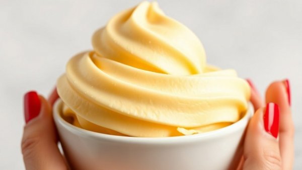 Creamy yellow baby ice cream in a bowl held by hands.