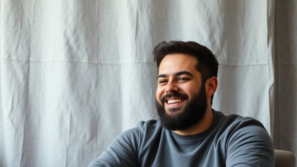 Man smiling softly, modern gray backdrop, soft lighting.