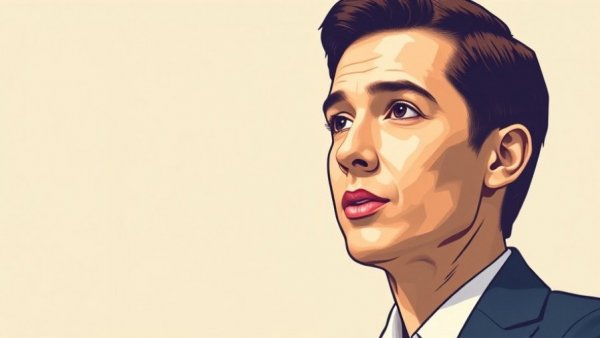 Business professional in bold outlined portrait, modern style, speaking.