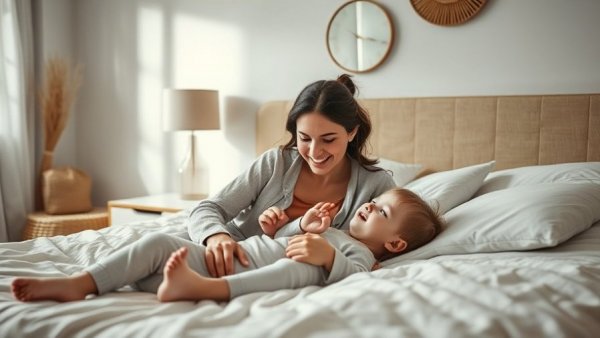 Mother and child in gentle parenting moment, discussing on the bed.